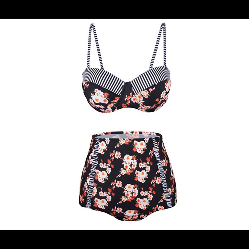 High waisted Vintage retro style Plus size sexy black floral bikini swimsuit 18